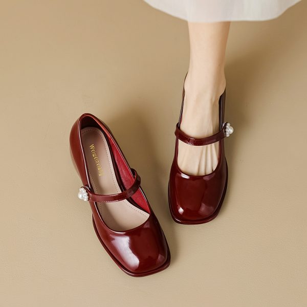 Patent leather ladies shoes elegant single shoes pearl decoration high heels shoes for women