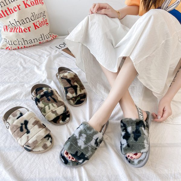 fashionable new camouflage elastic children's slippers women's plush flat bottomed home cotton slippers