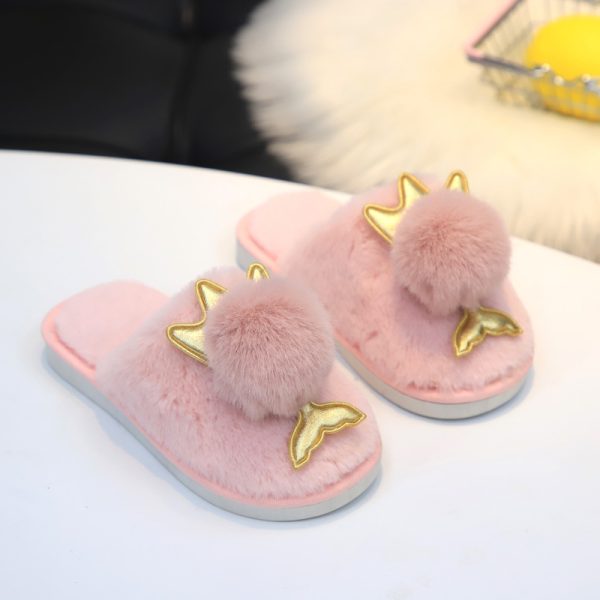 Winter Warm Fluffy Plush Home Slippers Fashion Black Round Toe Flats Sole Anti Slip children's Slippers