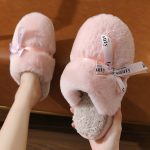 2024 New Cotton Slippers Women Lady Home Fur Slippers Bowknot Pink Soft Sole Bedroom Warm Fluffy Slippers