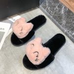 Women's Plush Cotton Slippers Cute Cartoon Black Open Toe Home Fluffy Plush Slippers Indoors