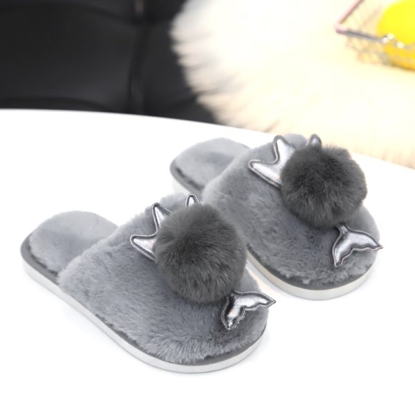 Winter Warm Fluffy Plush Home Slippers Fashion Black Round Toe Flats Sole Anti Slip children's Slippers