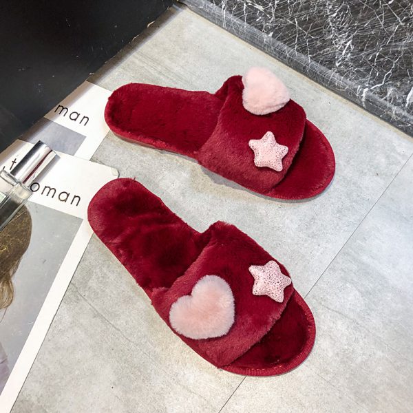 Cheap Women's House Slippers Warm Plush Love Heart Shaped Flat Slippers Fuzzy Furry Anti Slip Open Toe  Indoor