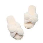 Cheap Women's Home Plush Slippers Warm Pink Solid Fluffy Plush Slip-On Flat Slippers For Women Indoor