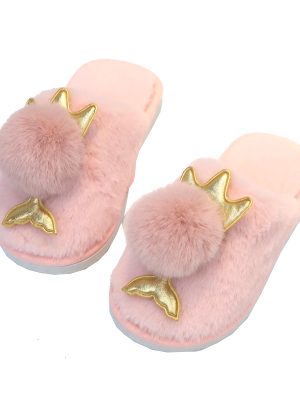 Winter Warm Fluffy Plush Home Slippers Fashion Black Round Toe Flats Sole Anti Slip children's Slippers