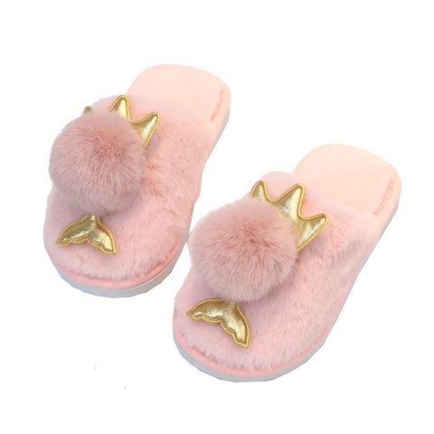 Winter Warm Fluffy Plush Home Slippers Fashion Black Round Toe Flats Sole Anti Slip children's Slippers