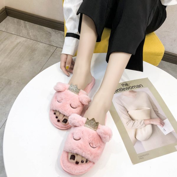 New Arrival Cartoon Women's Home Slippers Soft Sole Anti-slip Cute Fuzzy Furry Plush Fluffy Flat Shoes Cotton Slippers