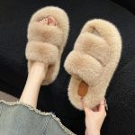 2024 Autumn New Double Strap Plush Drag Thick Sole Increase Anti Slip Open Toe Women'S One Line Slippers