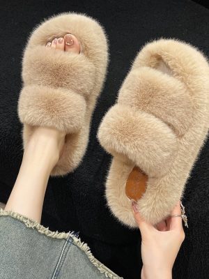 2024 Autumn New Double Strap Plush Drag Thick Sole Increase Anti Slip Open Toe Women'S One Line Slippers