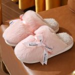 2024 New Cotton Slippers Women Lady Home Fur Slippers Bowknot Pink Soft Sole Bedroom Warm Fluffy Slippers