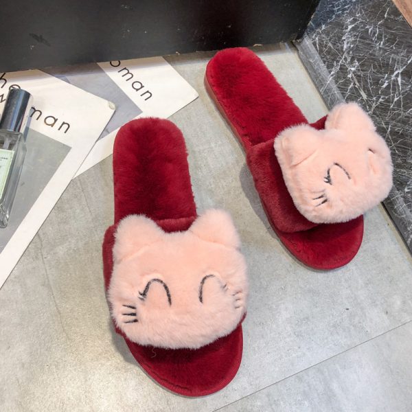 Women's Plush Cotton Slippers Cute Cartoon Black Open Toe Home Fluffy Plush Slippers Indoors