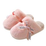 2024 New Cotton Slippers Women Lady Home Fur Slippers Bowknot Pink Soft Sole Bedroom Warm Fluffy Slippers