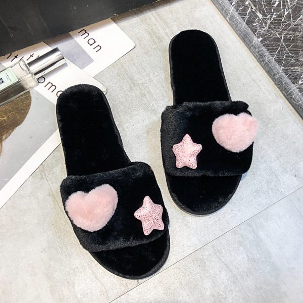 Cheap Women's House Slippers Warm Plush Love Heart Shaped Flat Slippers Fuzzy Furry Anti Slip Open Toe  Indoor