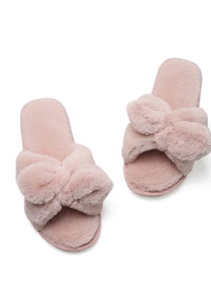 Cheap Women's Home Plush Slippers Warm Pink Solid Fluffy Plush Slip-On Flat Slippers For Women Indoor