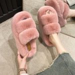 2024 Autumn New Double Strap Plush Drag Thick Sole Increase Anti Slip Open Toe Women'S One Line Slippers