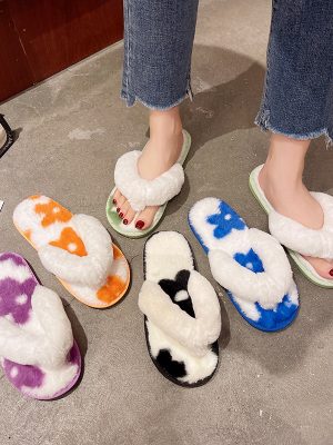 open toe soft fashion winter rubber faux fur comfy sole lady men slides plush slippers for women cotton house shoes