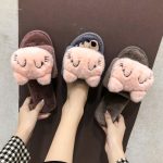 Women's Plush Cotton Slippers Cute Cartoon Black Open Toe Home Fluffy Plush Slippers Indoors