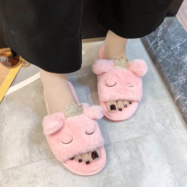 New Arrival Cartoon Women's Home Slippers Soft Sole Anti-slip Cute Fuzzy Furry Plush Fluffy Flat Shoes Cotton Slippers