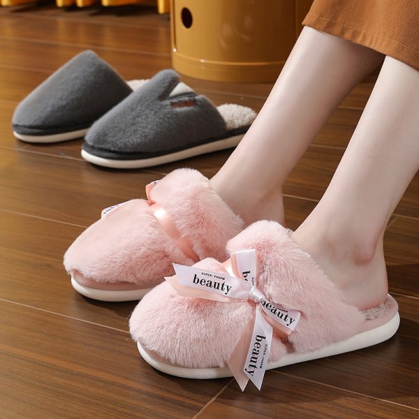 2024 New Cotton Slippers Women Lady Home Fur Slippers Bowknot Pink Soft Sole Bedroom Warm Fluffy Slippers