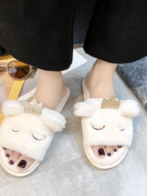 New Arrival Cartoon Women's Home Slippers Soft Sole Anti-slip Cute Fuzzy Furry Plush Fluffy Flat Shoes Cotton Slippers