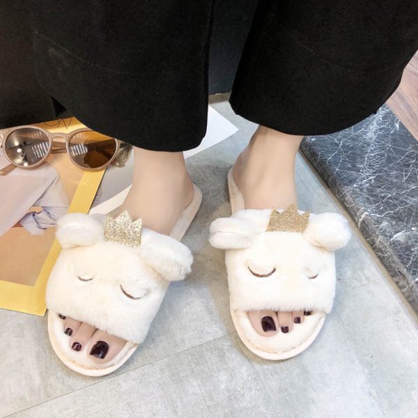 New Arrival Cartoon Women's Home Slippers Soft Sole Anti-slip Cute Fuzzy Furry Plush Fluffy Flat Shoes Cotton Slippers