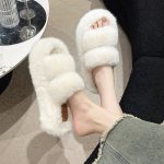 2024 Autumn New Double Strap Plush Drag Thick Sole Increase Anti Slip Open Toe Women'S One Line Slippers