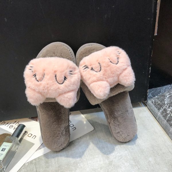 Women's Plush Cotton Slippers Cute Cartoon Black Open Toe Home Fluffy Plush Slippers Indoors