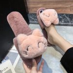 Women's Plush Cotton Slippers Cute Cartoon Black Open Toe Home Fluffy Plush Slippers Indoors