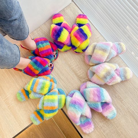 Winter Flat Shoes Warm Multicolor Faux Fur Indoor Slippers Cross Plush Open Toe Female Fluffy Slippers For Women